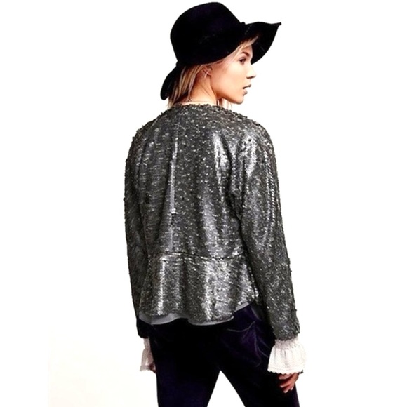 Free People Sequin Drape Open Front Jacket Size XS Gray Party Sparkle - Picture 7 of 10